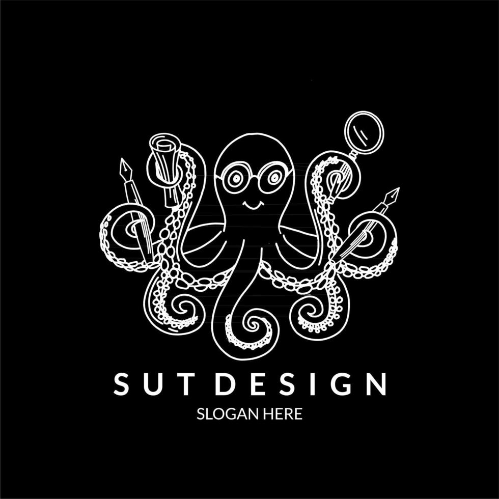 octopus holding stationery with its tentacles line art style cute fun illustration vector