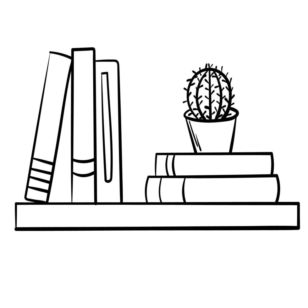 etiqueta engomada del estante de la pared del libro del cactus del garabato vector