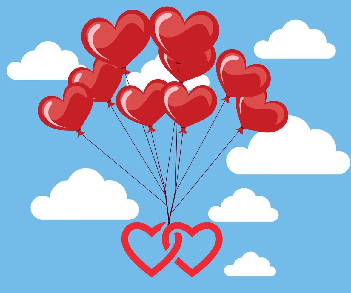 Pink heart flying balloon with man on blue sky background. Vector love postcard for Happy Mother's, Valentine's Day or birthday greeting card design..