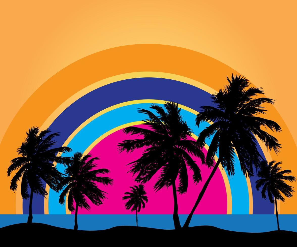 palm trees on the sea and background with rainbow old vector