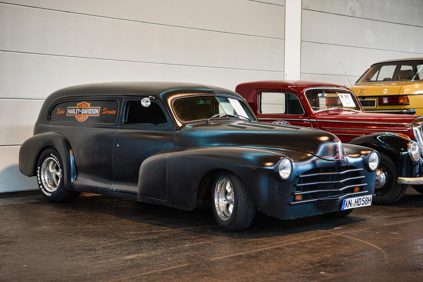 FRIEDRICHSHAFEN - MAY 2019 black CHEVY PANEL TRUCK HARLEY DAVIDSON 1948 at Motorworld Classics Bodensee on May 11, 2019 in Friedrichshafen, Germany photo
