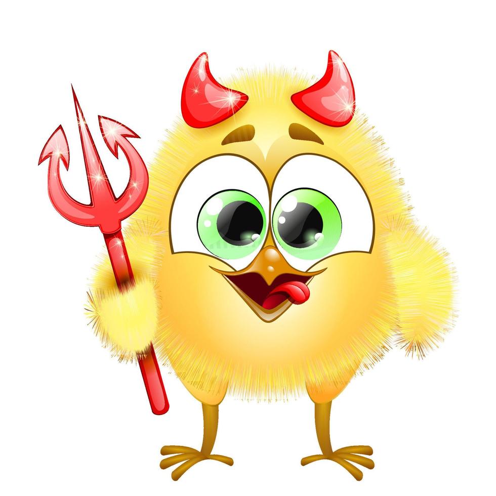 Cute dibujos animados pequeño diablo pollito amarillo con cuernos y tridente aislado en blanco vector