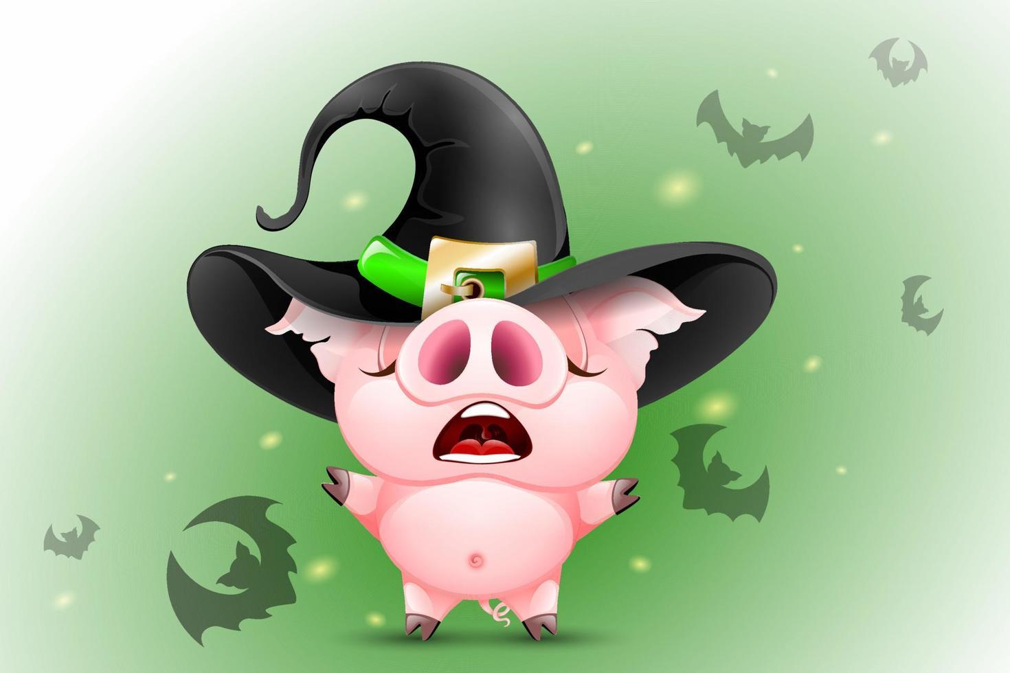 Funny pink conjuring cartoon witch pig with magic lights and flying bats vector