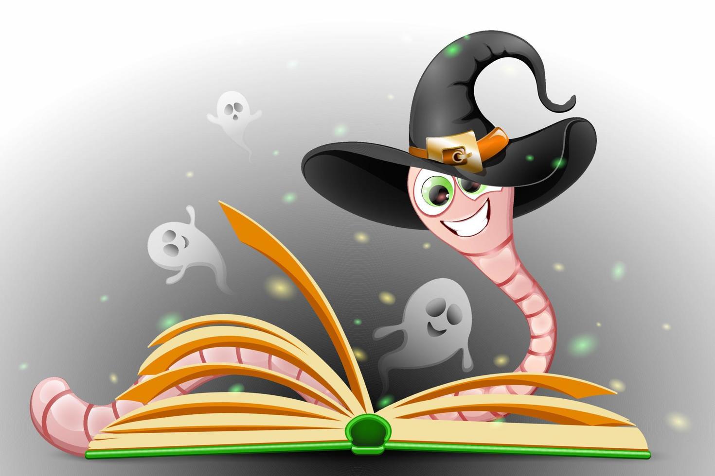 Cute cartoon Funny bookworm in Witch hat reading magic book with flying ghosts. Halloween concept vector