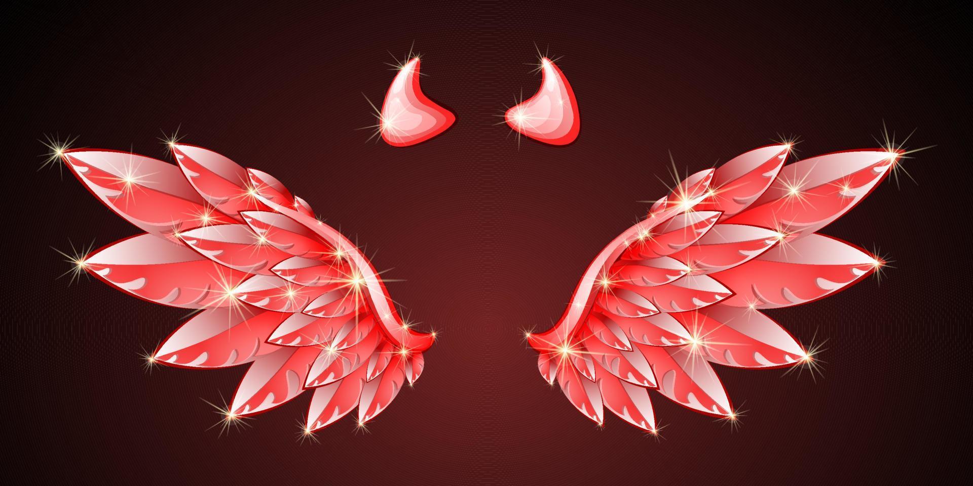 Devil cartoon shiny red wings with horns on dark background vector