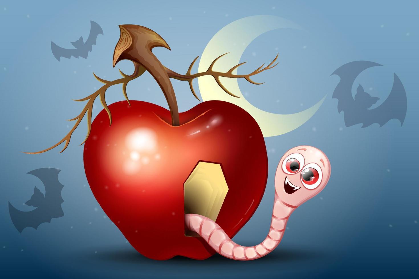 Cute funny cartoon Worm vampire in red apple home with coffin-shaped hole. vector