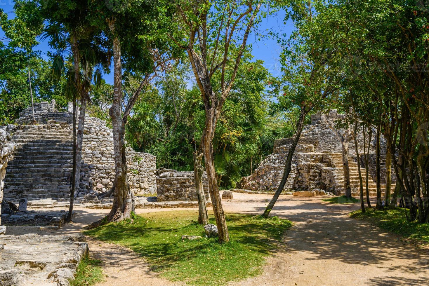 ruinas mayas a la sombra de los árboles en el bosque tropical de la selva playa del carmen, riviera maya, yu atan, méxico foto