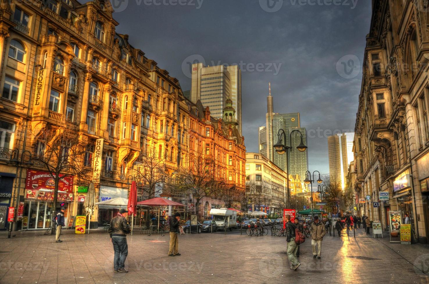 Street Kaiserstrasse HDR with skyscrapers in Frankfurt, Hessen, Germany photo