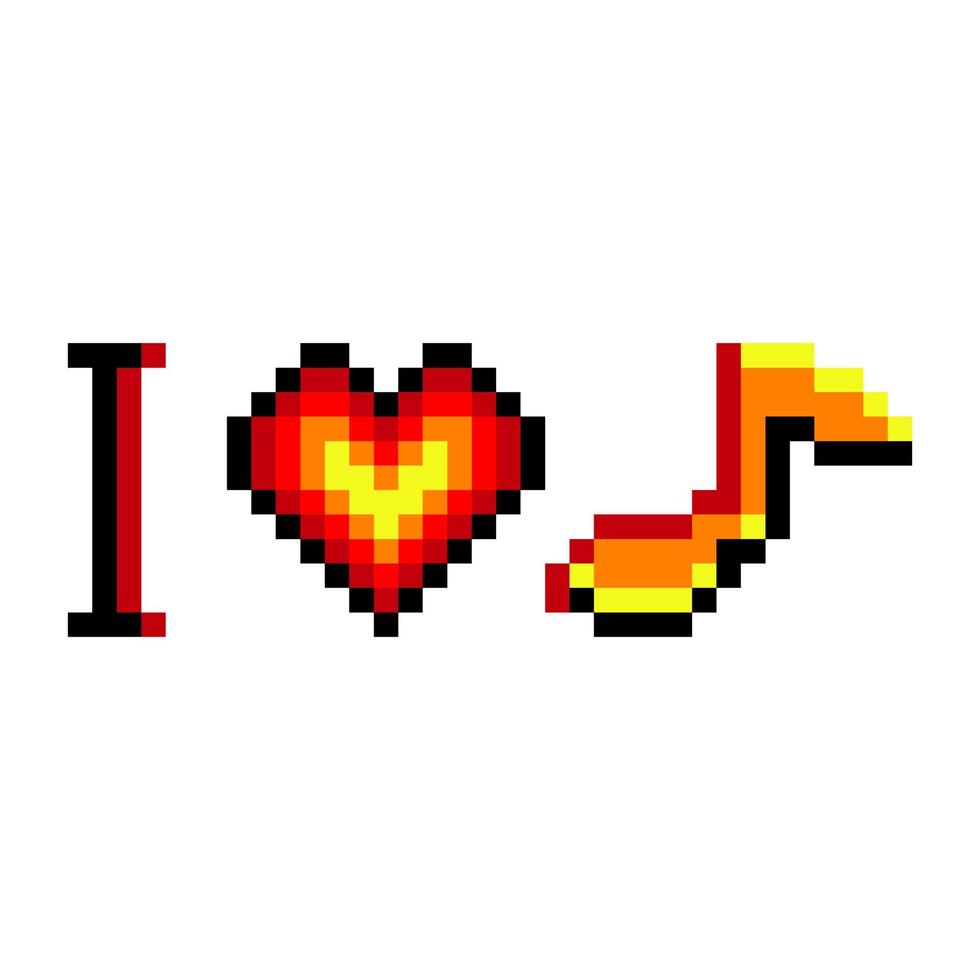 I love music with heart symbol icon and note music in pixel art. Vector illustration.