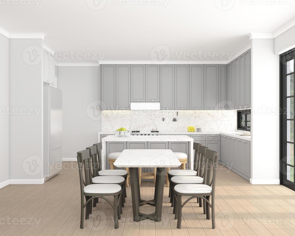 Kitchen room with bar counter and dining table Light gray and white tones in decorative design.3d rendering photo