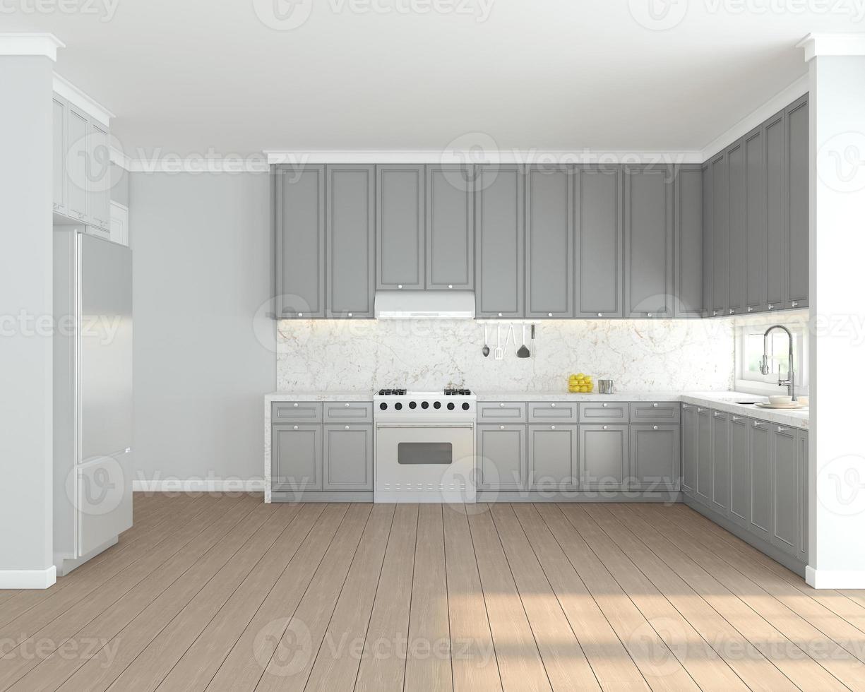 cocina con armario empotrado en tonos gris claro y blanco en diseño decorativo.representación 3d foto