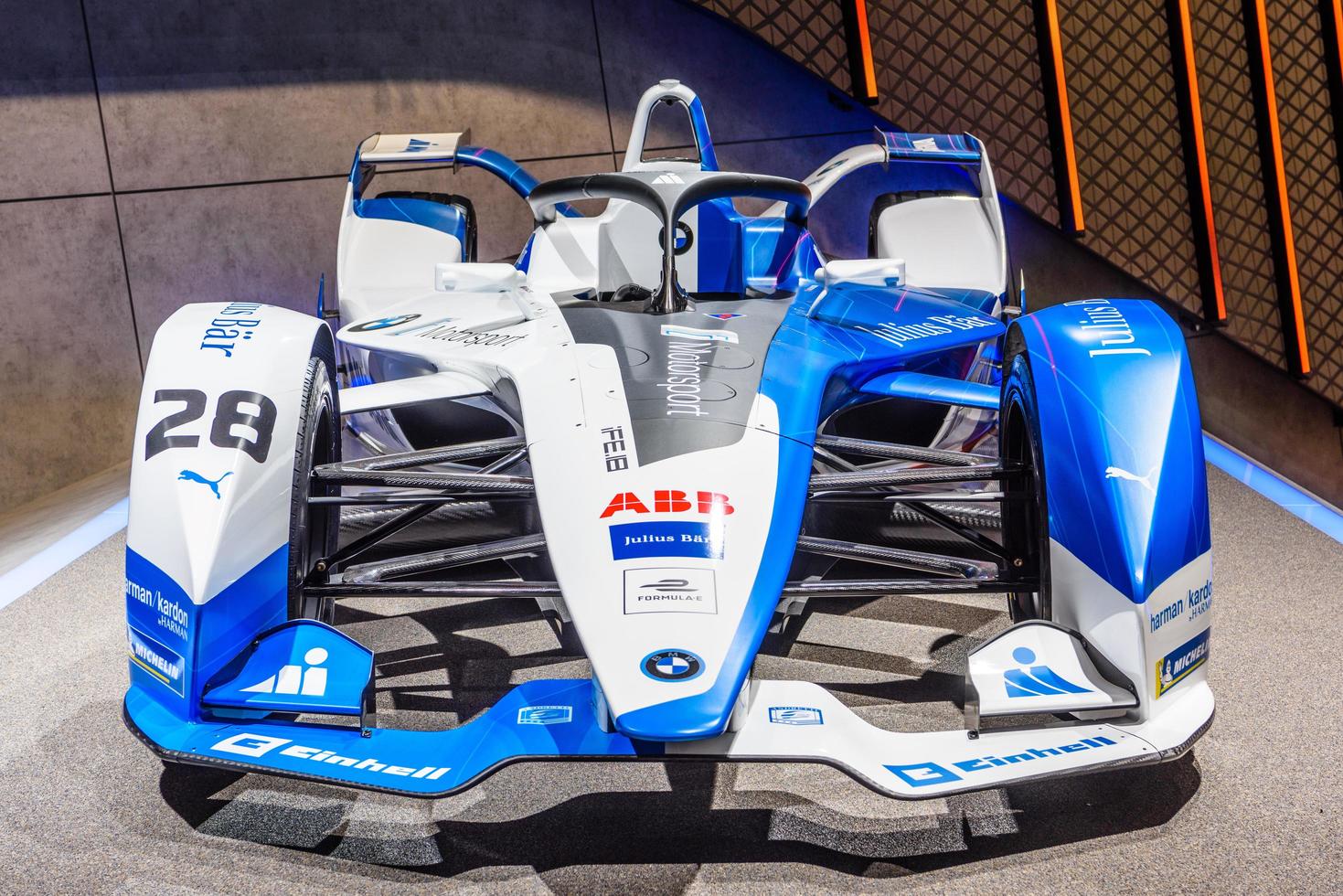 FRANKFURT, GERMANY - SEPT 2019 white blue BMW iFE.18 FORMULA E racing electric car, IAA International Motor Show Auto Exhibtion photo