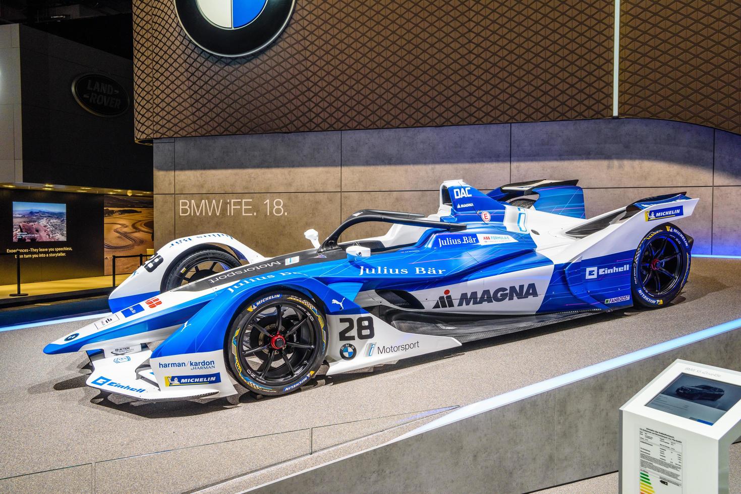 FRANKFURT, GERMANY - SEPT 2019 white blue BMW iFE.18 FORMULA E racing electric car, IAA International Motor Show Auto Exhibtion photo