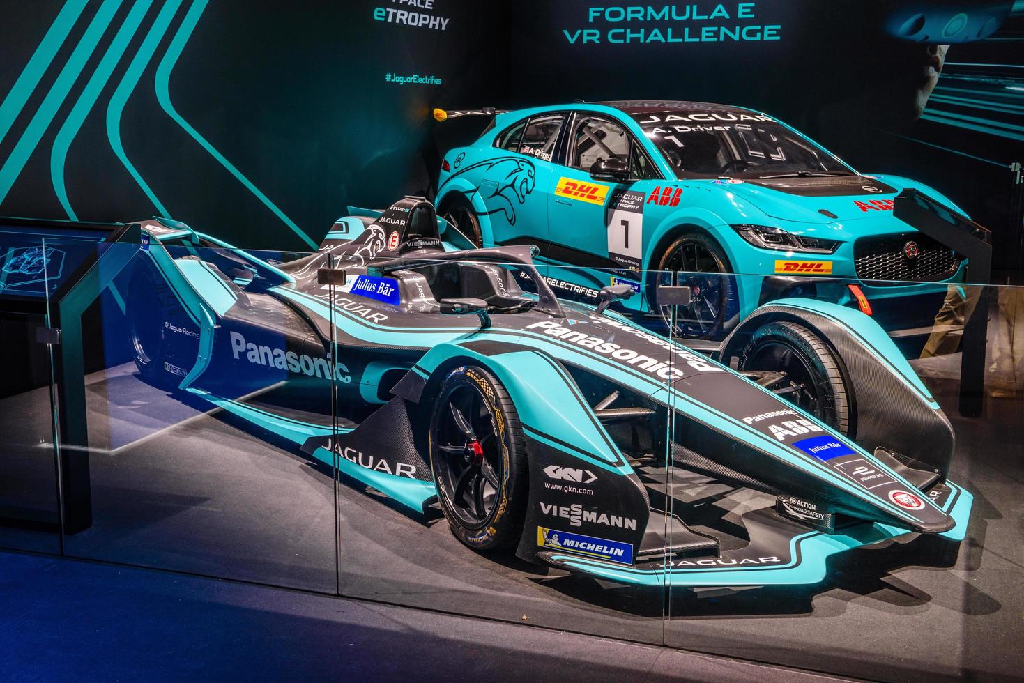FRANKFURT, GERMANY - SEPT 2019 azure blue black JAGUAR FORMULA E electric racing car, IAA International Motor Show Auto Exhibtion photo