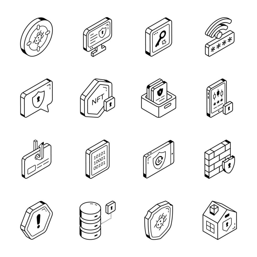 iconos isométricos de seguridad cibernética y de datos de moda vector