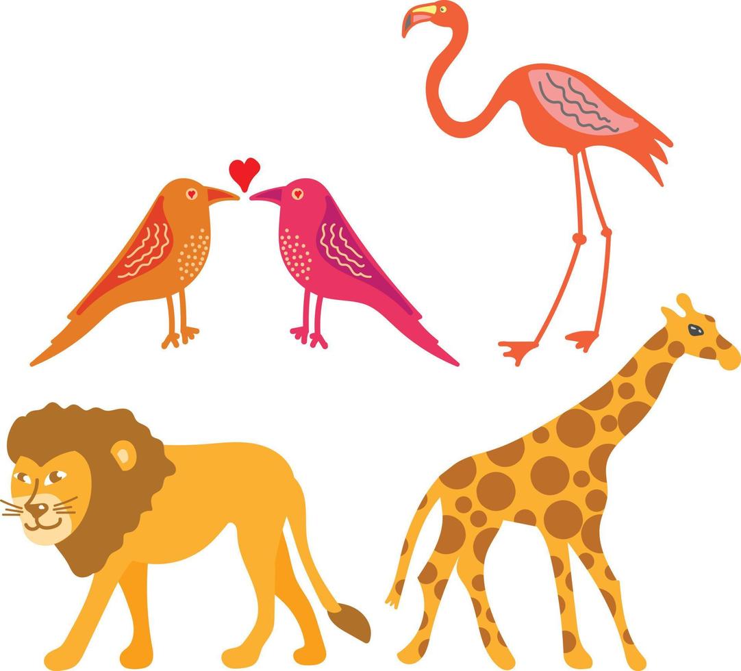 niños dibujados a mano ilustración de dibujos animados de pájaros del amor, flamencos, jirafas y leones. pájaros y animales salvajes vector