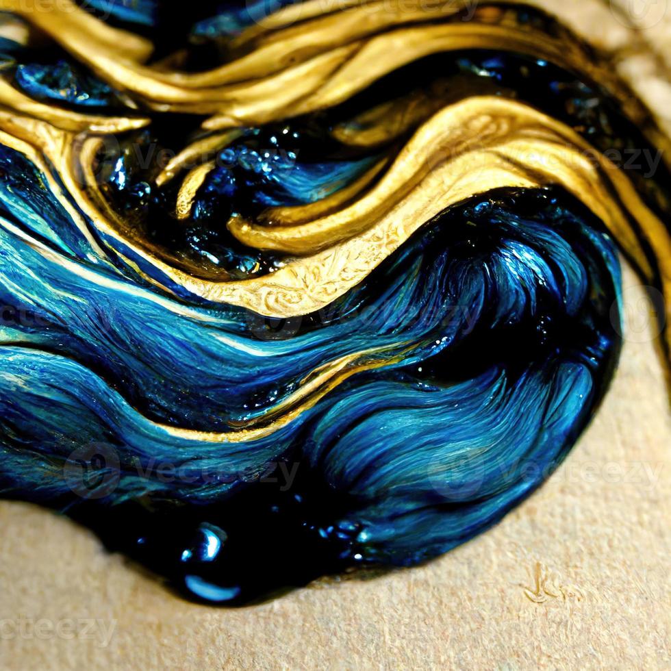 Mixing acrylic paint, liquid paint abstract blue with gold and black