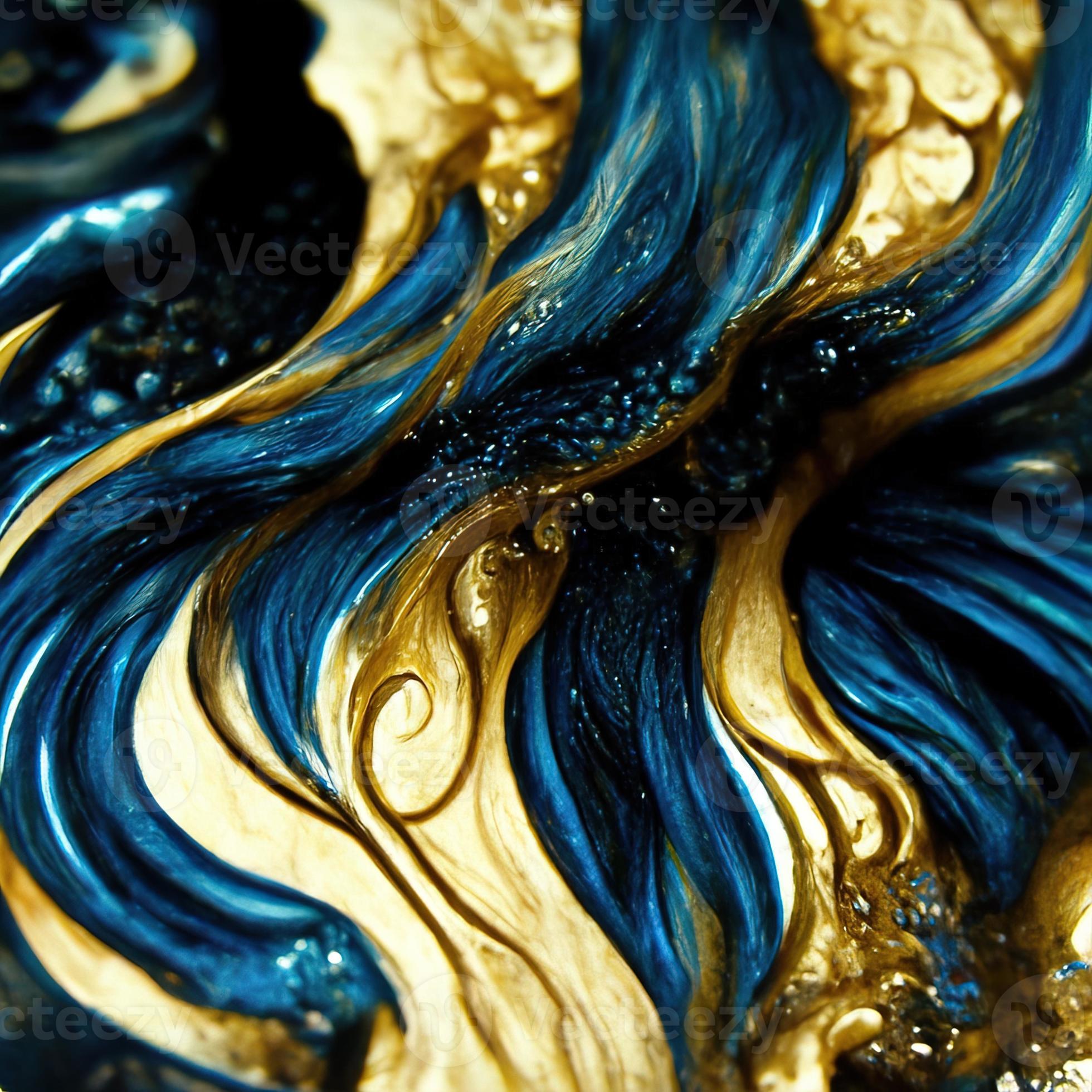 Mixing acrylic paint, liquid paint abstract blue with gold and black