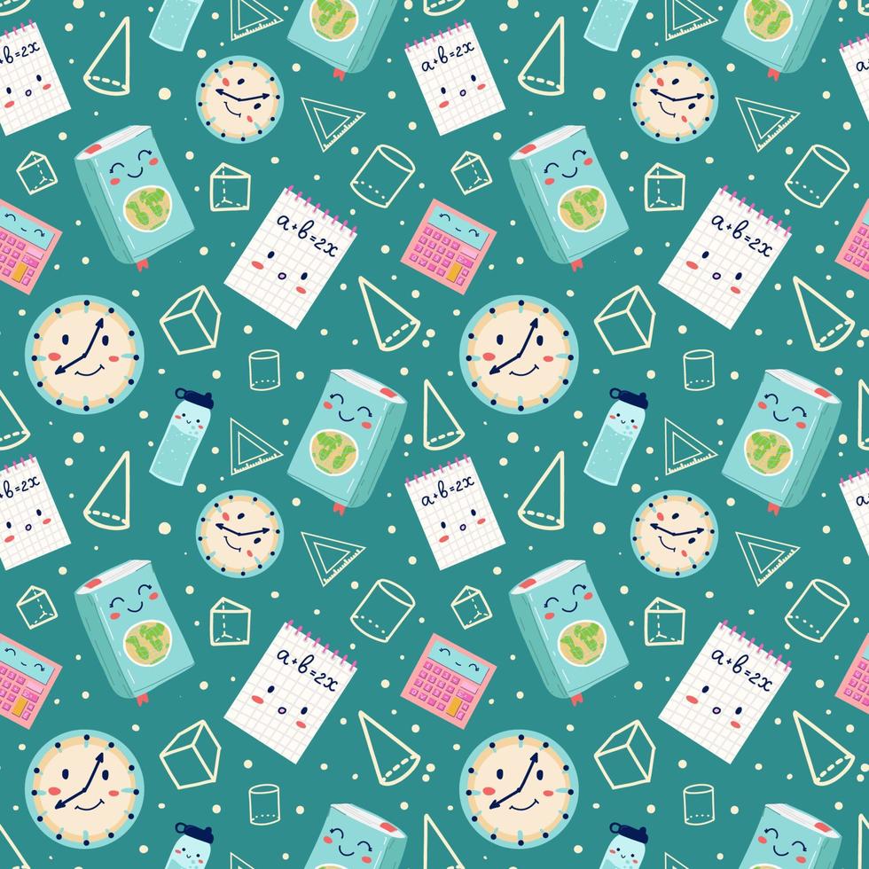 School pattern with elements of stationery, books, simple shapes, notes vector