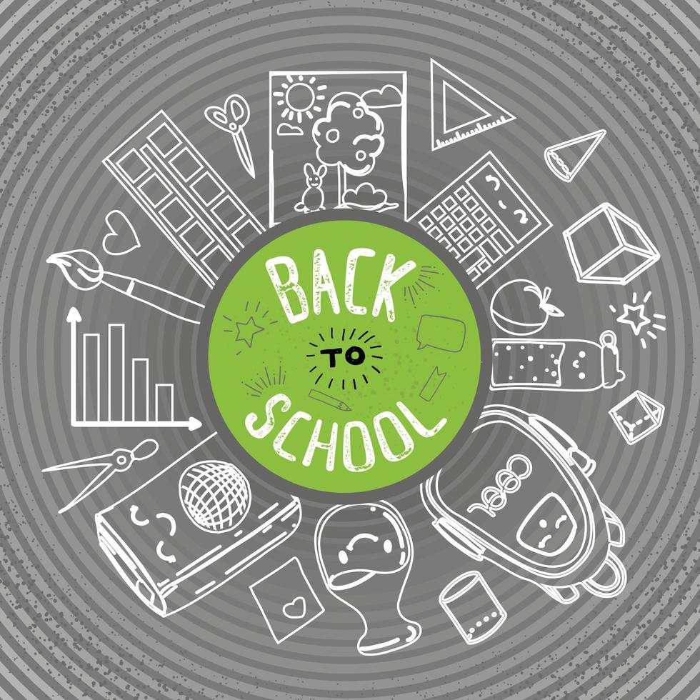 Back to school card, postcard, background with elements of stationery, backpack and everything a schoolboy needs vector