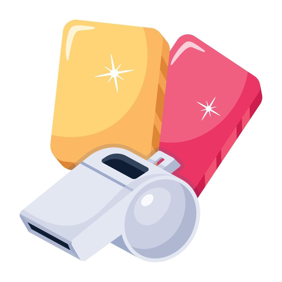 Whistle with cards denoting referee accessories, flat icon vector