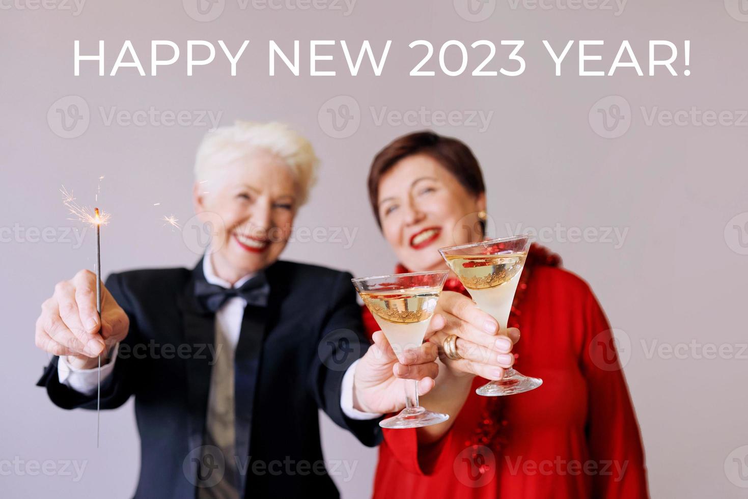 Two beautiful stylish mature senior women celebrating new year. Fun, party, style, celebration concept photo
