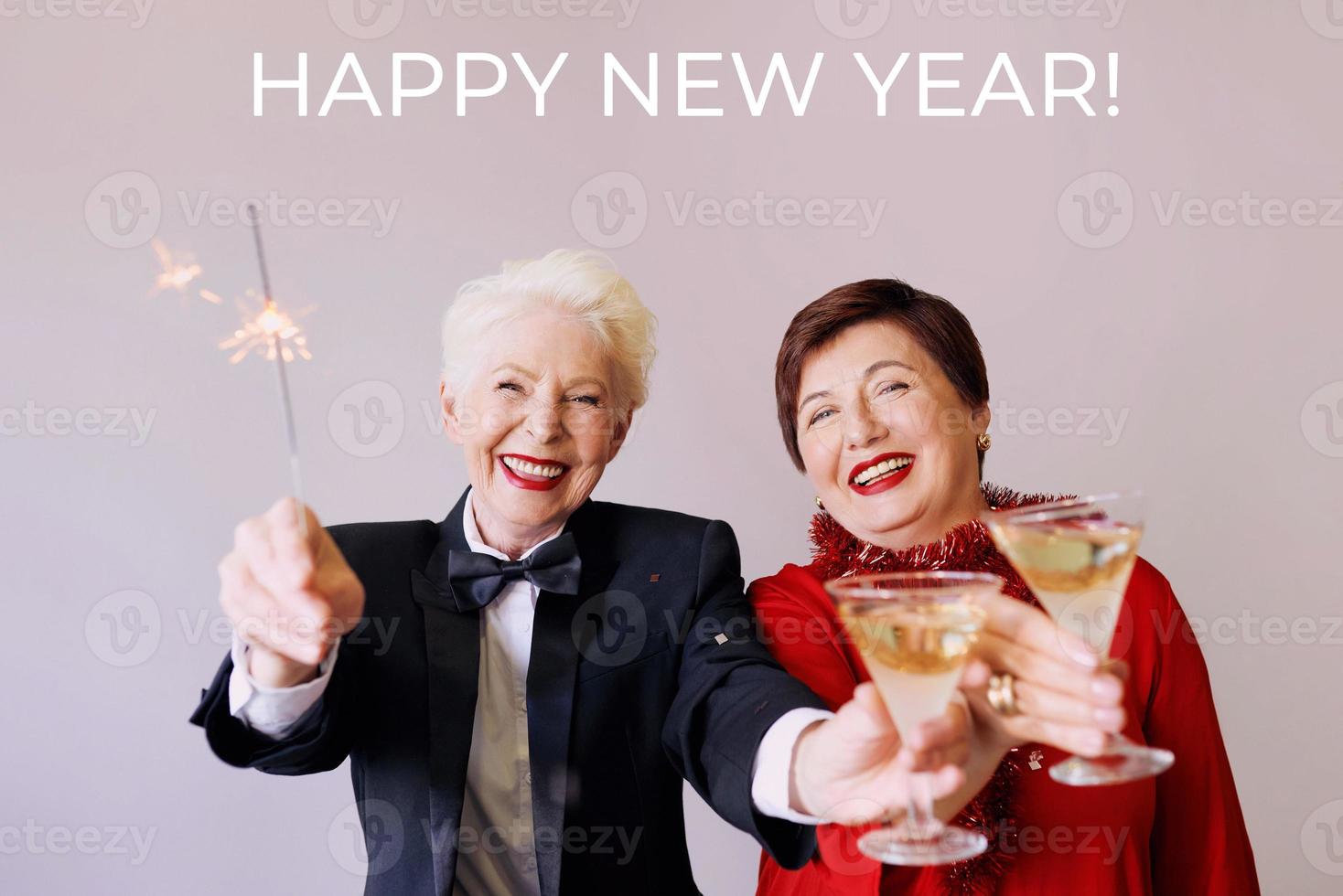 Two beautiful stylish mature senior women celebrating new year. Fun, party, style, celebration concept photo