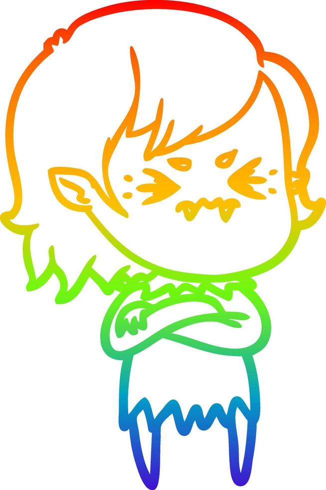 rainbow gradient line drawing annoyed cartoon vampire girl vector