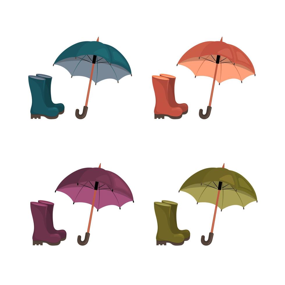 Set of rain boots and umbrella in different colours. Vector illustration on white background.