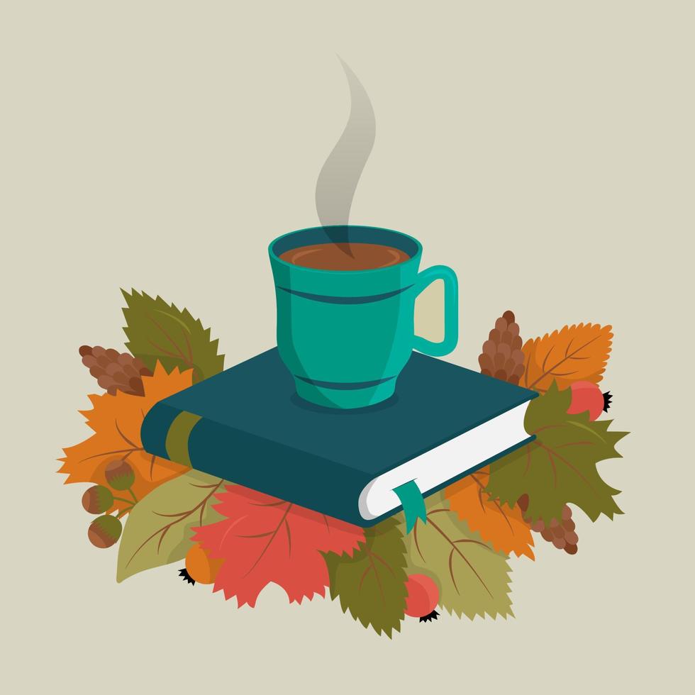 Autumn vector illustration of a cup of coffee or tea standing on a book with autumn leaves.