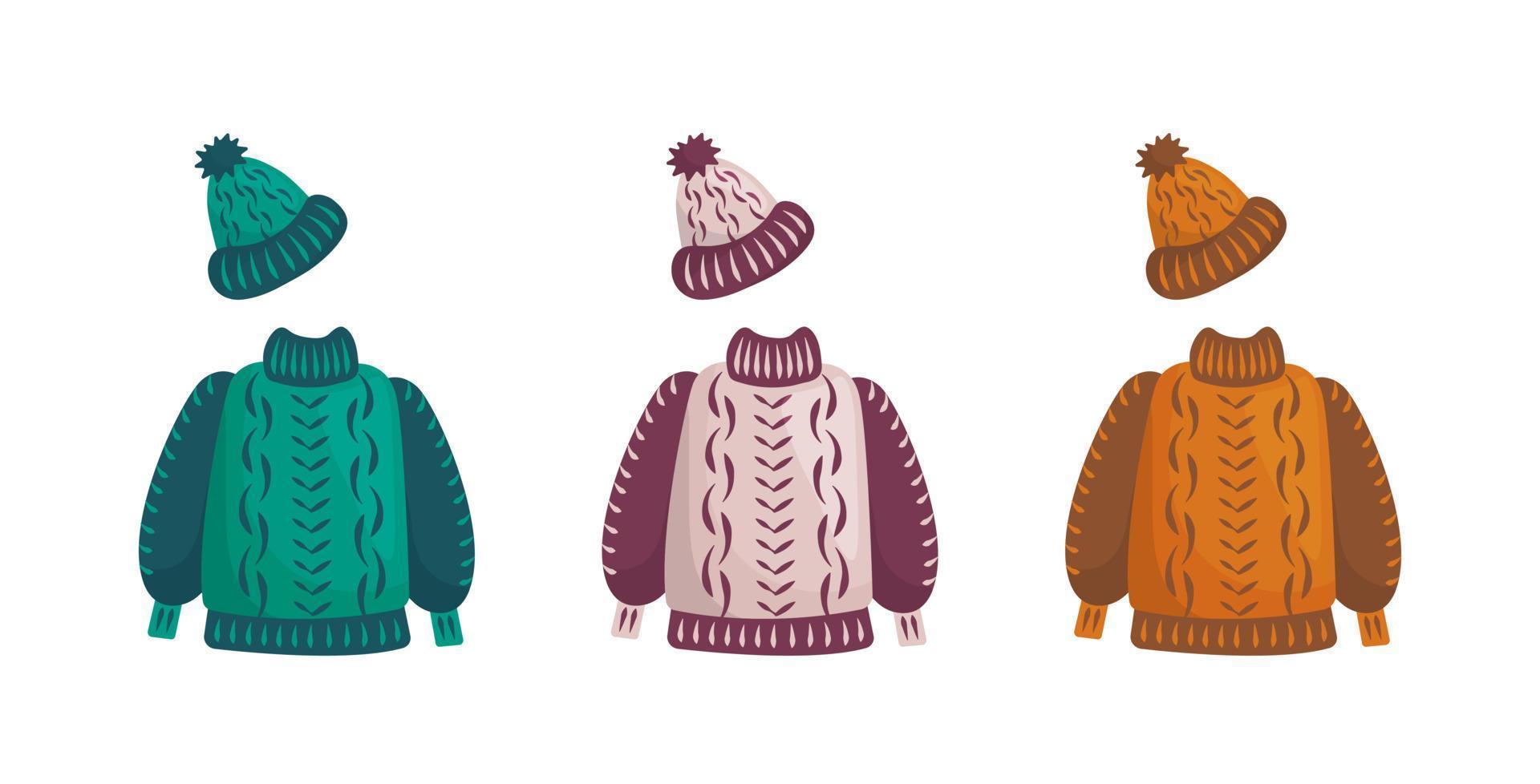 Autumn and winter knitted clothes. Crochet or needlework jumper and hat in different colours. vector