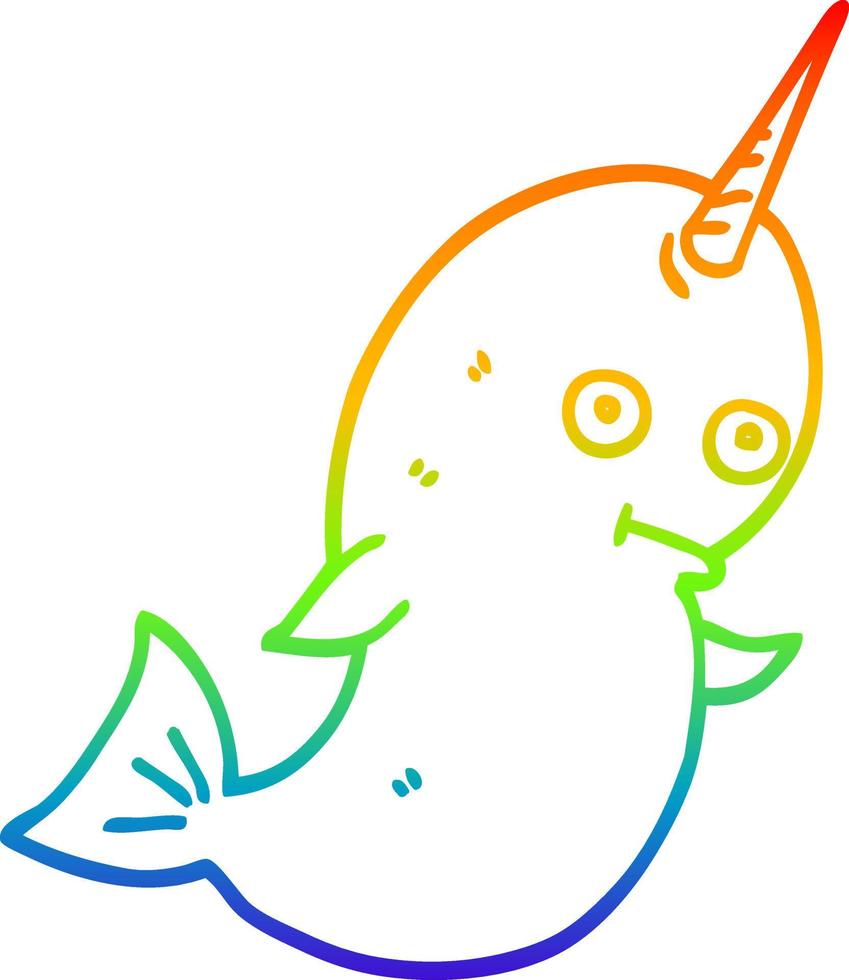 rainbow gradient line drawing cartoon white narwhal vector