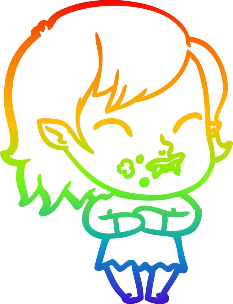 rainbow gradient line drawing cartoon vampire girl with blood on cheek vector