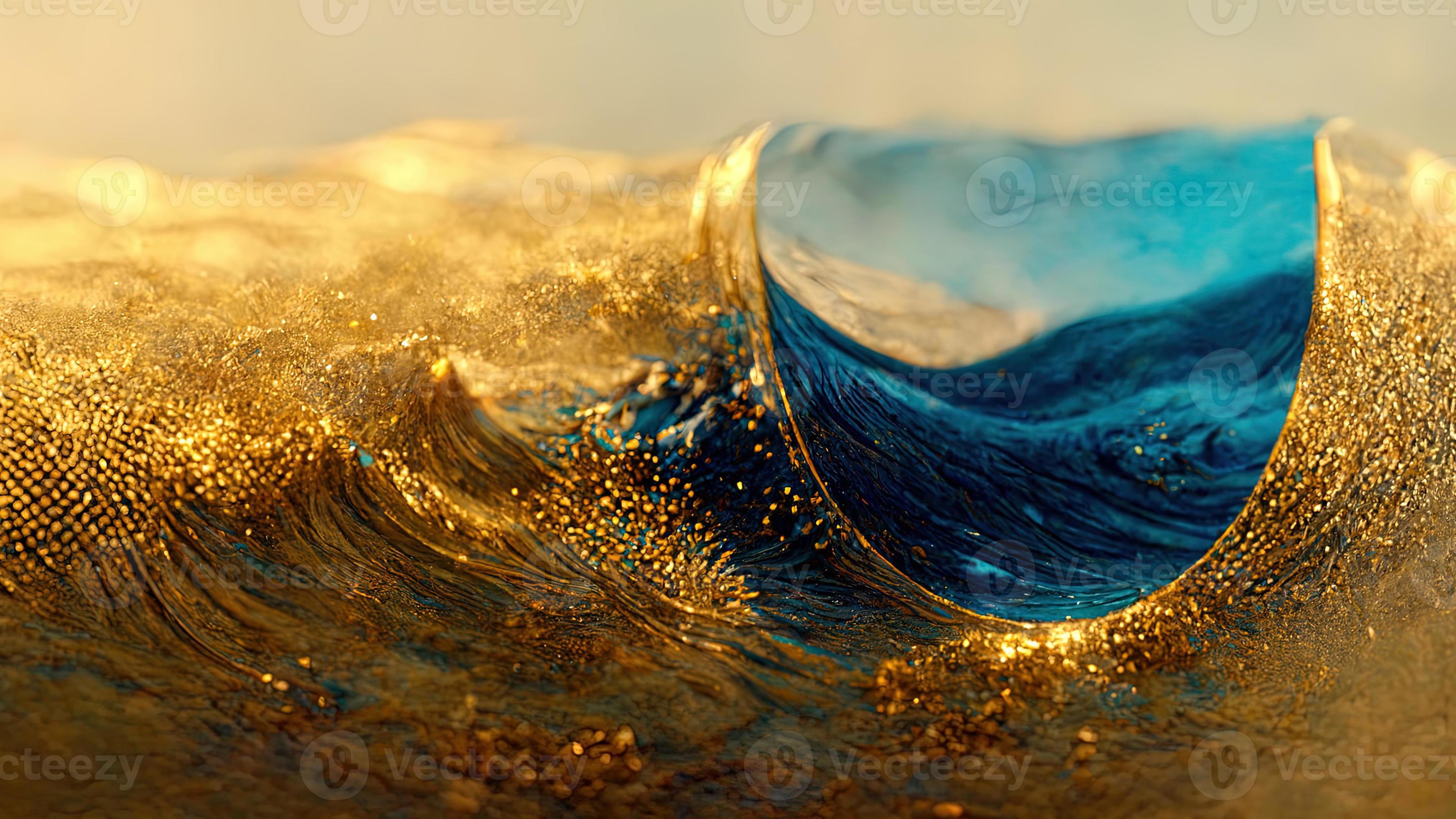 Blue wave with gold sparkles in a gold ring. Beautiful sea background