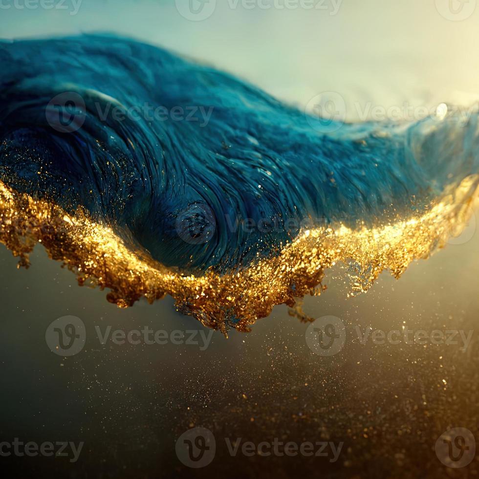 Blue wave with gold sparkles in a gold ring. Beautiful sea background. Water and gold. Hi tech. AI. photo
