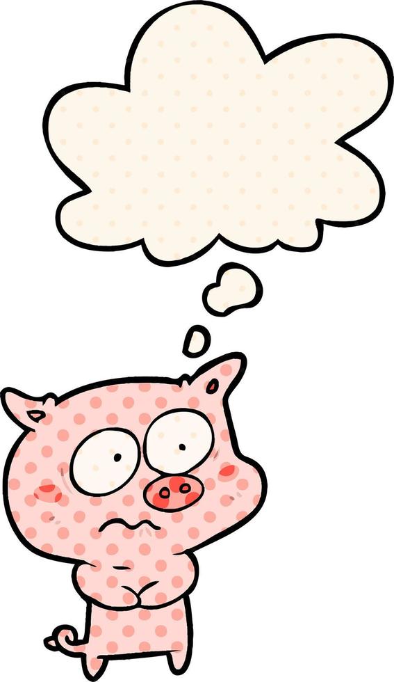 cartoon nervous pig and thought bubble in comic book style vector