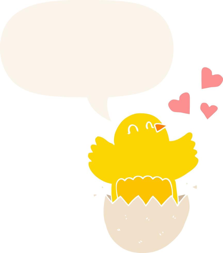 cute hatching chick cartoon and speech bubble in retro style vector