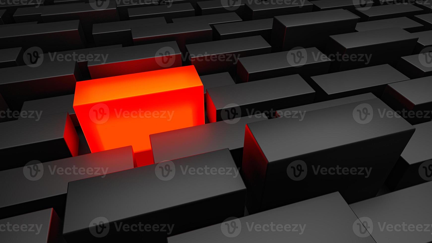 Black Cubes and red glowing  cube on black background , clean design, 3D Illustration. photo