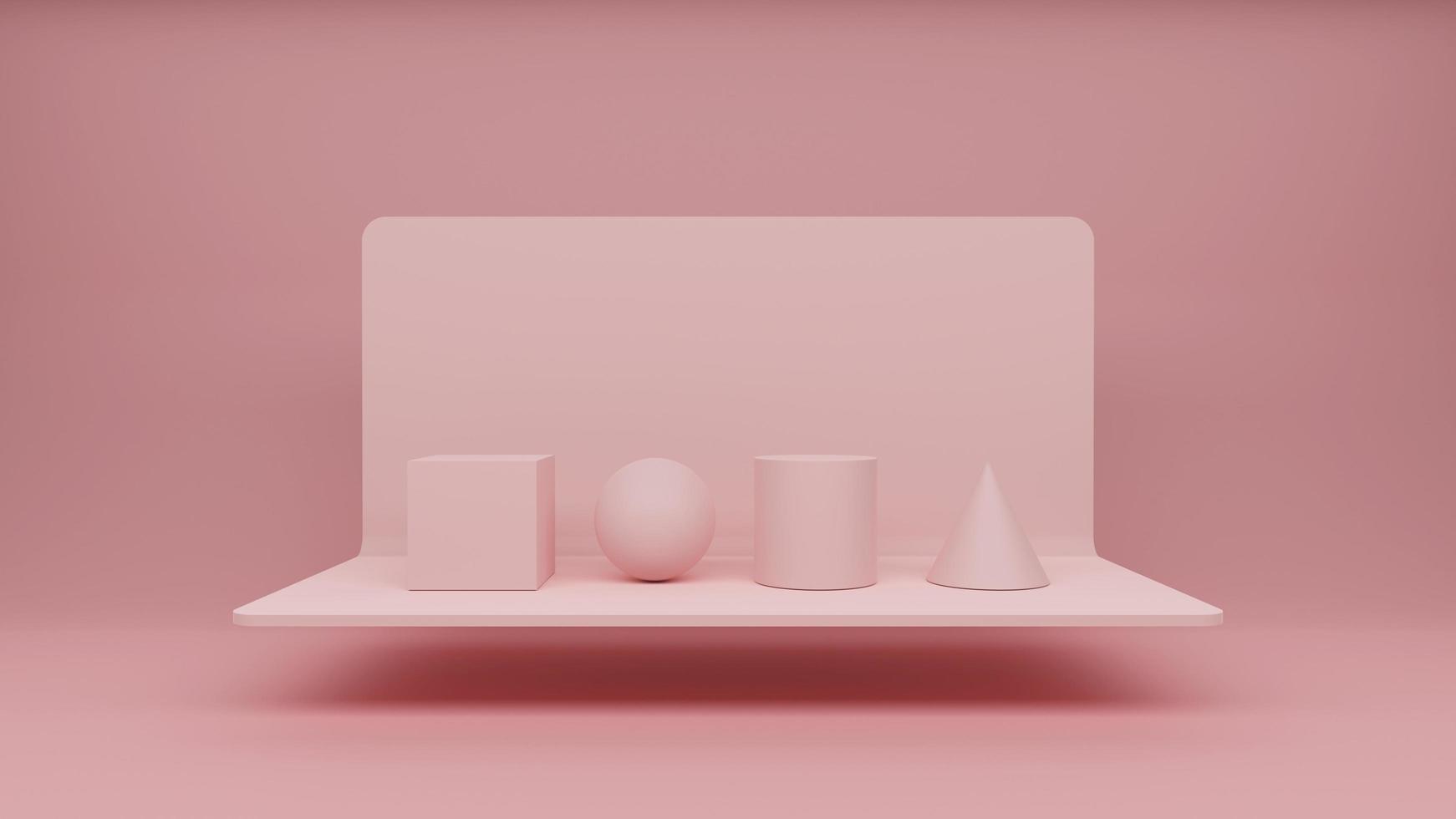 Pink squares, spheres, cylinders, cones and pastel bases on a pink background , 3D Illustration. photo