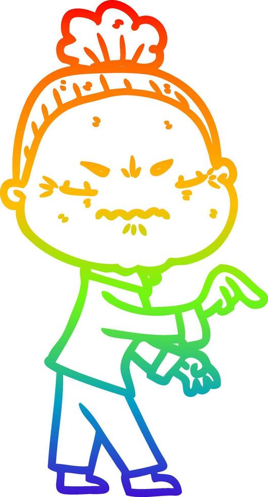 rainbow gradient line drawing cartoon annoyed old lady vector
