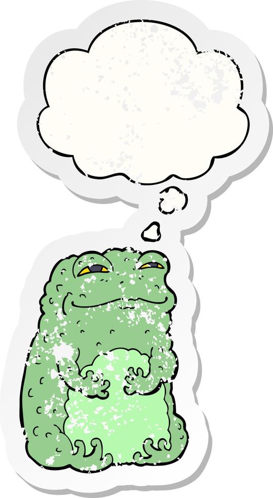 cartoon smug toad and thought bubble as a distressed worn sticker vector