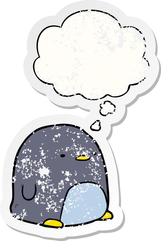 cute cartoon penguin and thought bubble as a distressed worn sticker vector