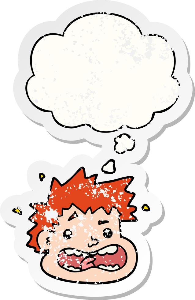 cartoon frightened face and thought bubble as a distressed worn sticker vector