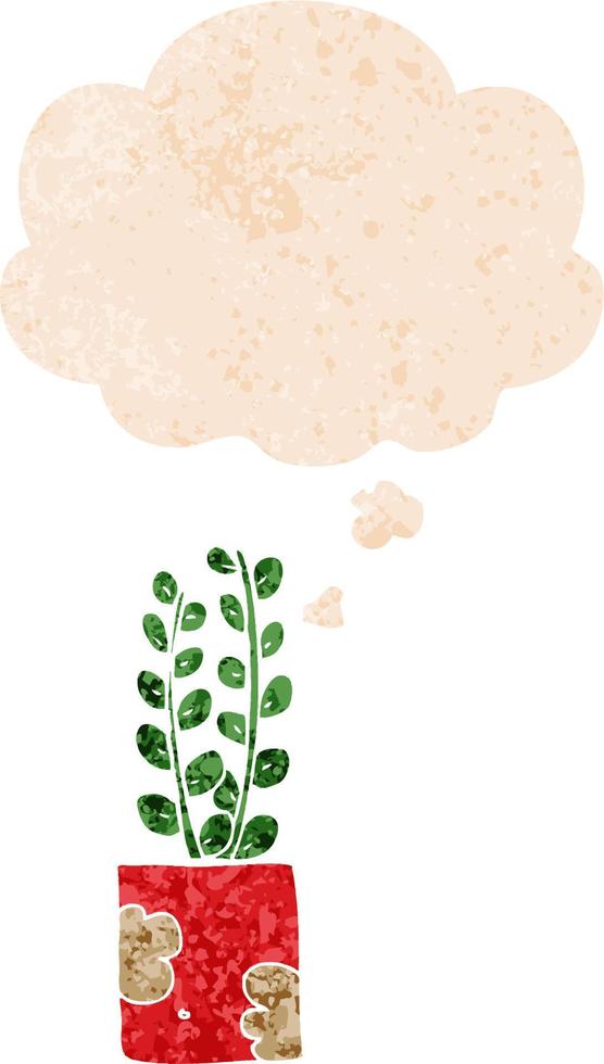 cartoon plant and thought bubble in retro textured style vector