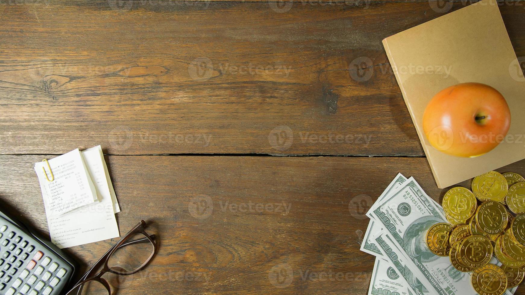 Business person working on wood table Flat lay background. photo