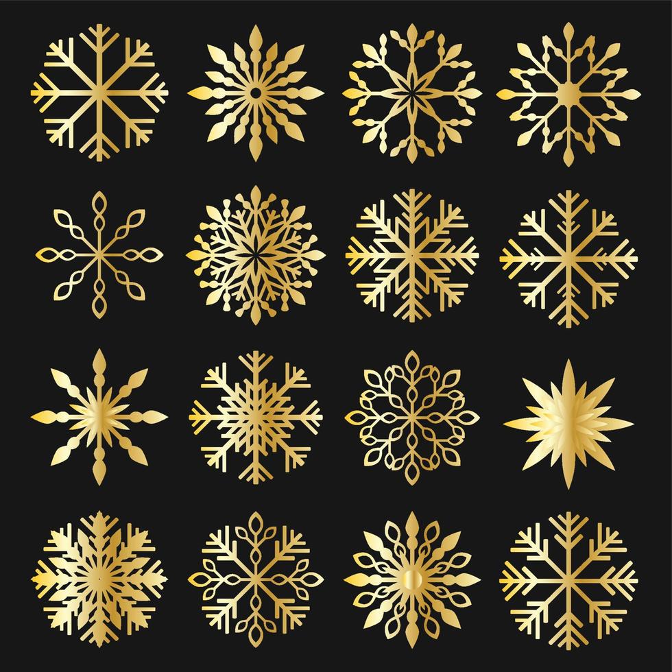 Gold snowflakes elegant icons set vector