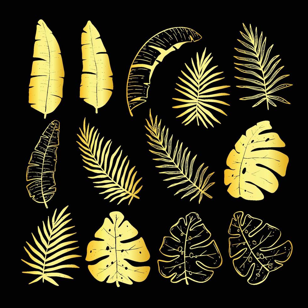 Hand drawn tropical rainforest golden leaves vector