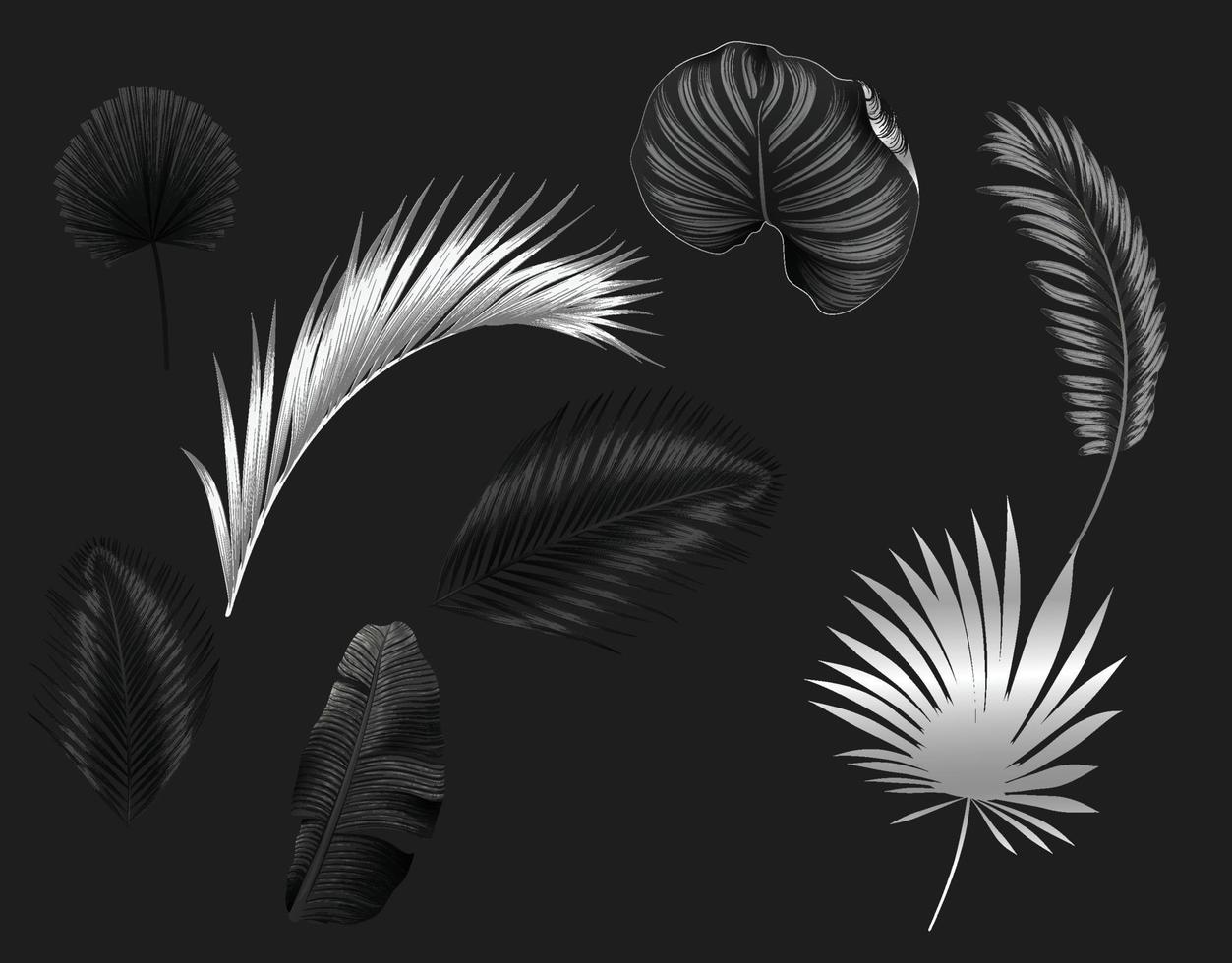 realistic dark silver leaves background vector