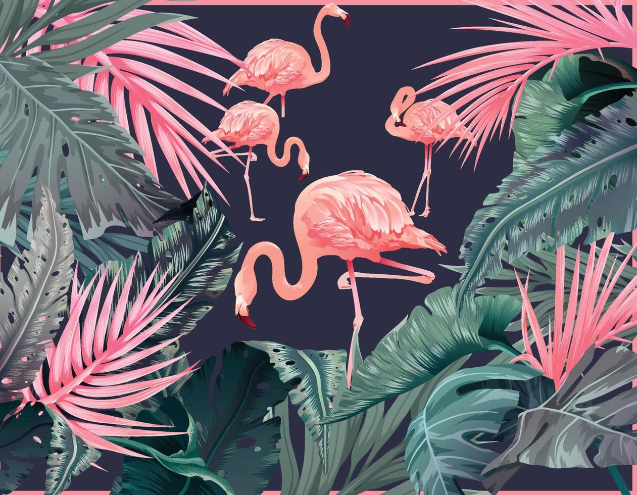 Beautiful flamingo bird tropical flowers vector