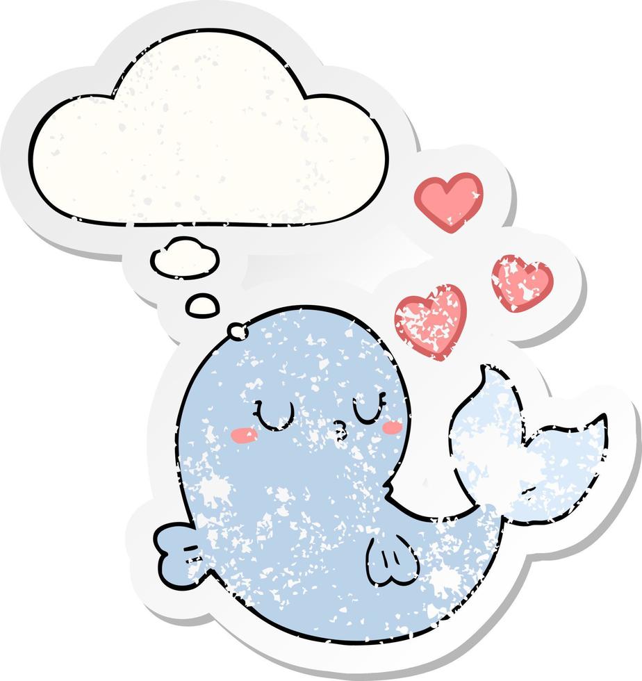 cute cartoon whale in love and thought bubble as a distressed worn sticker vector